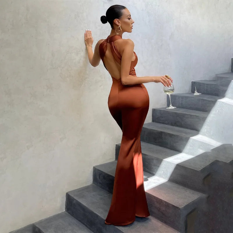 Women's Vestidos De Fiesta Elegantes Vestidos Elegant Halter Neck Twist Front Maxi Dress Slim Fit Evening Party Gown