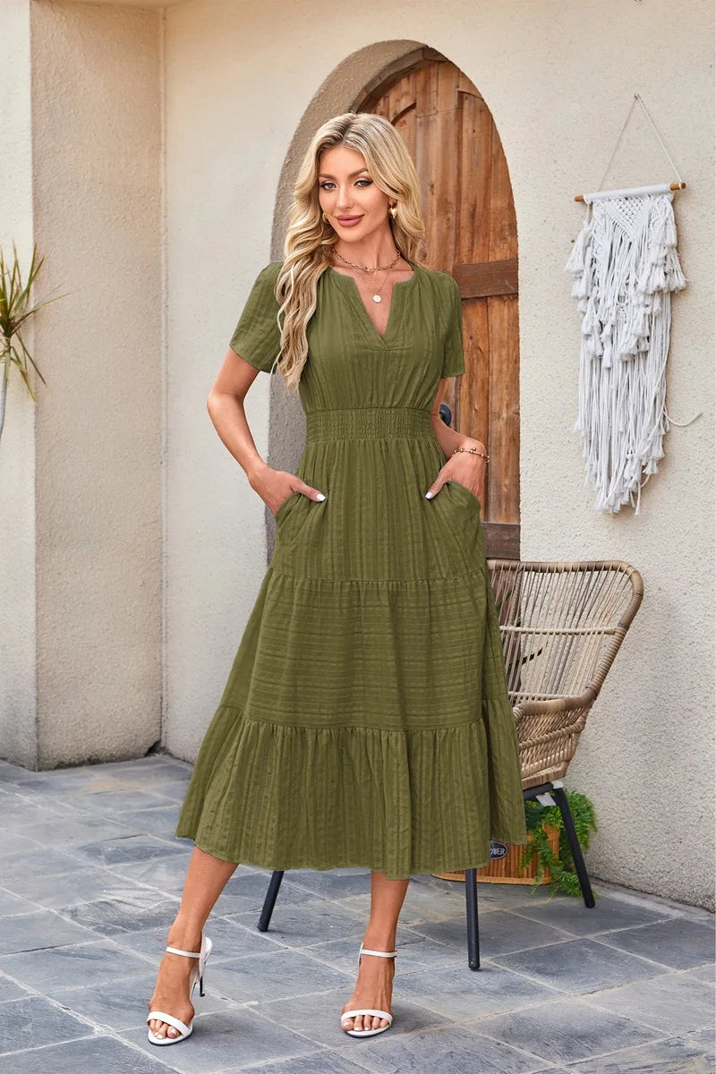 2026 New Dresses Women V Neck Ruched Puff Sleeve Dress Short Sleeve A-Line Flowy Dress Casual Summer Dropshipping