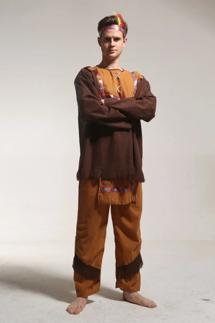 Halloween Costume Adult Couple Indian Native Clothes Women Men Primitive Man Caveman Costume Tassel Carnival Party Fancy Dress
