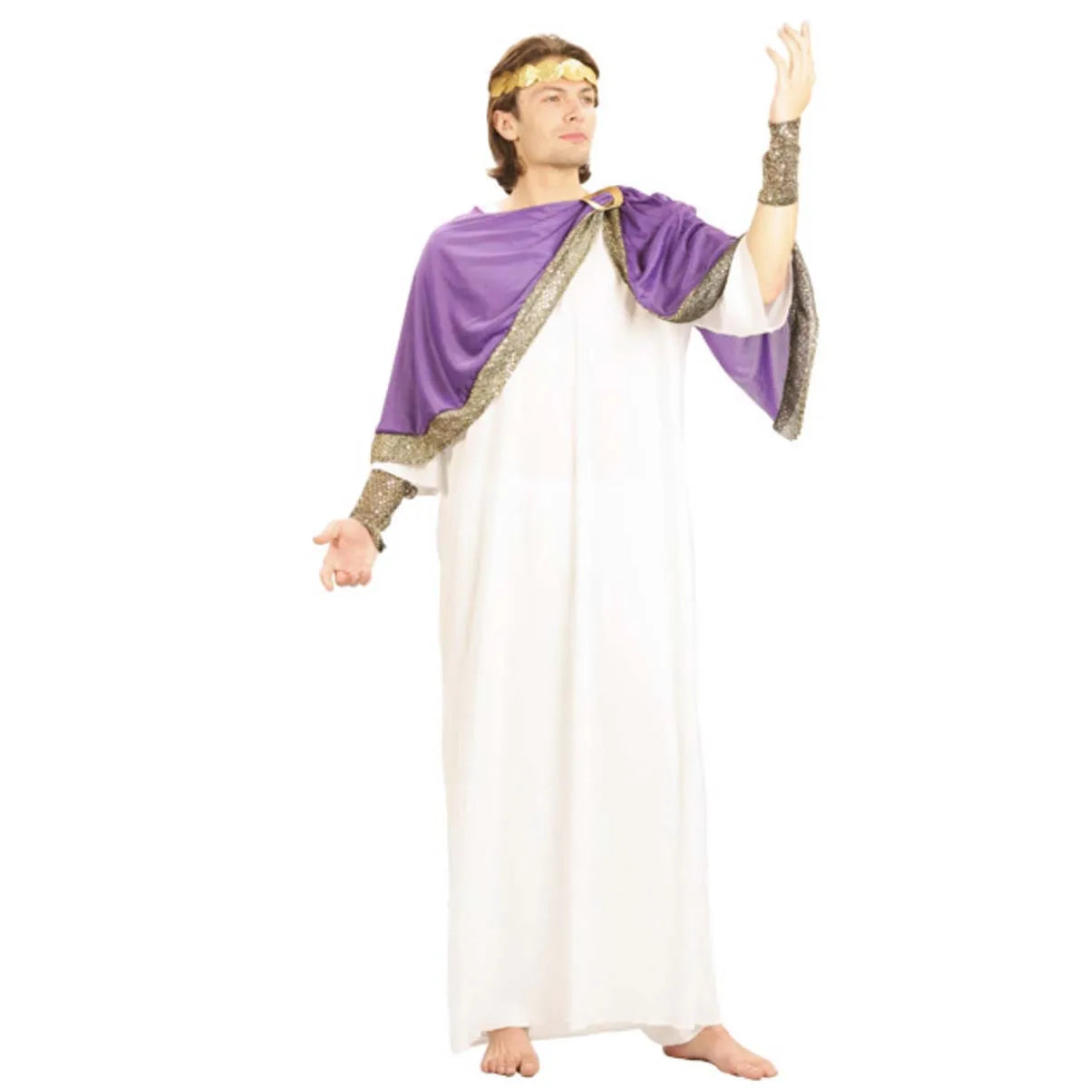 Couple's Greek Roman Toga Costumes Men Women White Robe with Red Sash Gold Trim Halloween Party Cosplay Outfit