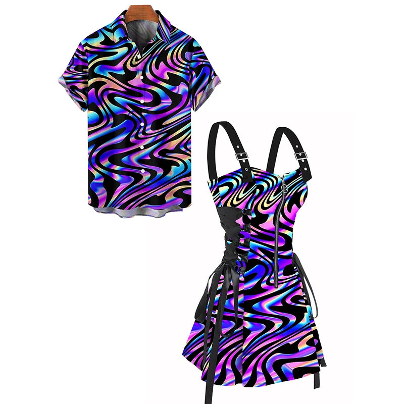 Couple Outfit Colorful Textured Graphic Print Lace Up Half Zipper A Line Dress and Men's Roll Up Sleeve Shirt Two Piece Set