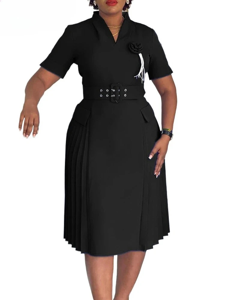Elegant Party Dresses for Women V Neck Short Sleeve Belt Waisted Pleated Mid Calf Fashion Ladies Birthday Dinner Night Wear Robe