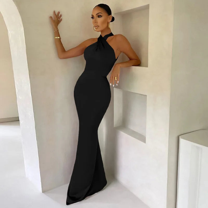 Women's Vestidos De Fiesta Elegantes Vestidos Elegant Halter Neck Twist Front Maxi Dress Slim Fit Evening Party Gown