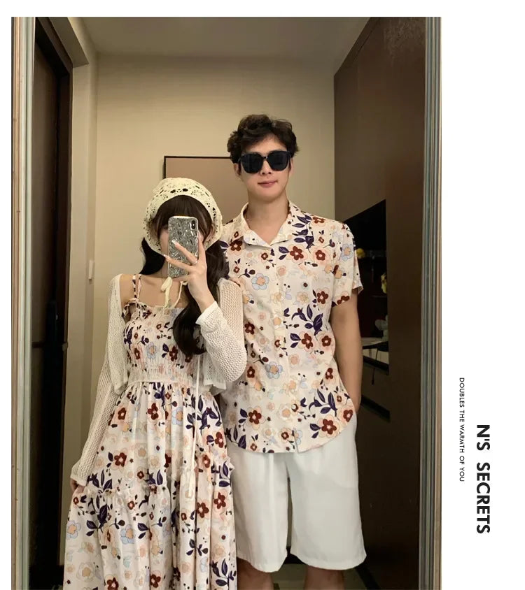 Parent-Child Family Holiday Outfits For Couple Brother Sister Dad Son Beach Shirts Mom Girl Floral Smocking Dress Korean Clothes
