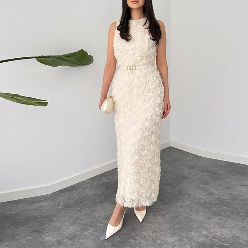 Fashion Hight Waist Solid Gowns Dress Flowers Decoration Ruffled Long Dress Women Elegant O-neck Sleeveless Slim Fit Party Dress