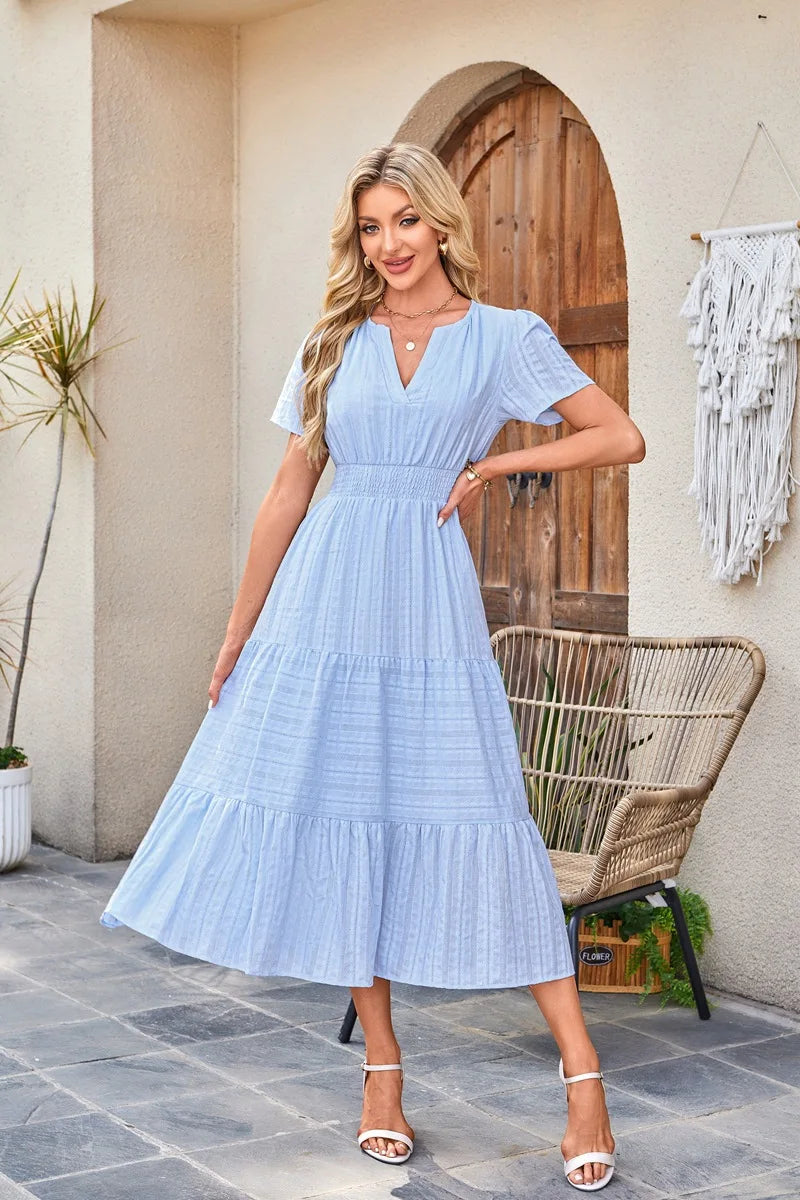 2026 New Dresses Women V Neck Ruched Puff Sleeve Dress Short Sleeve A-Line Flowy Dress Casual Summer Dropshipping