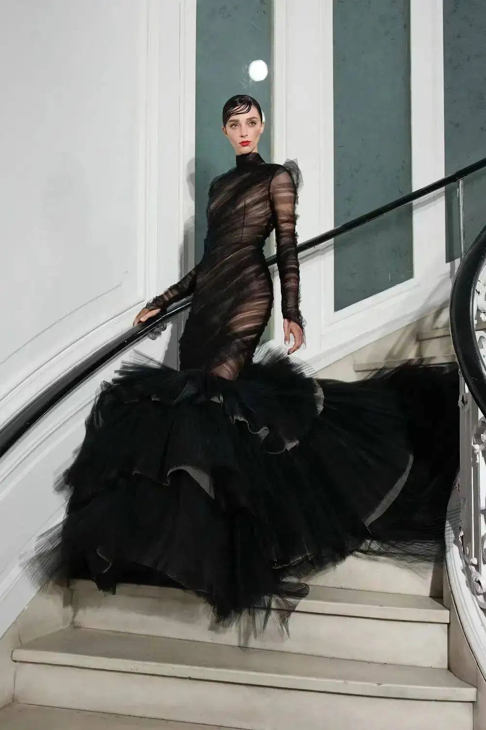 2023 New Top Fashion Prom Gown See Through vestido do fiesta Lush Ruffle Women Dresses Trumpet Layered Party Gowns Sleeve