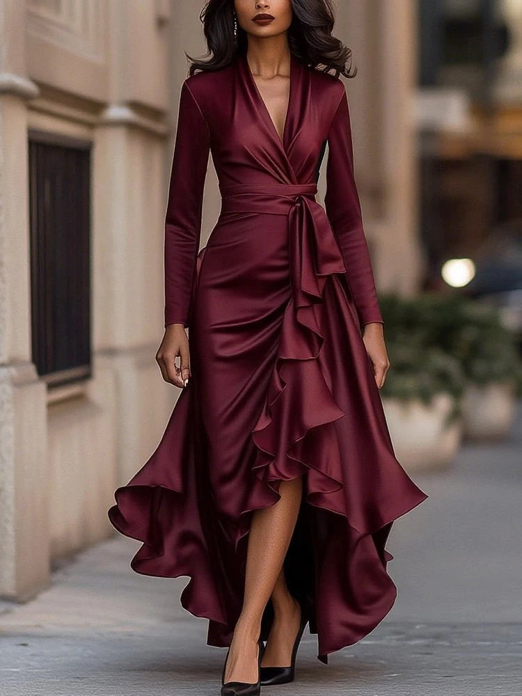 Elegant Hight Waist Lace-Up Gowns Party Dress Women Fashion Draped Solid Long Dresses Sexy Deep V-neck Sleeveless Ruffled Dress