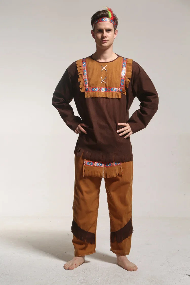 Halloween Costume Adult Couple Indian Native Clothes Women Men Primitive Man Caveman Costume Tassel Carnival Party Fancy Dress