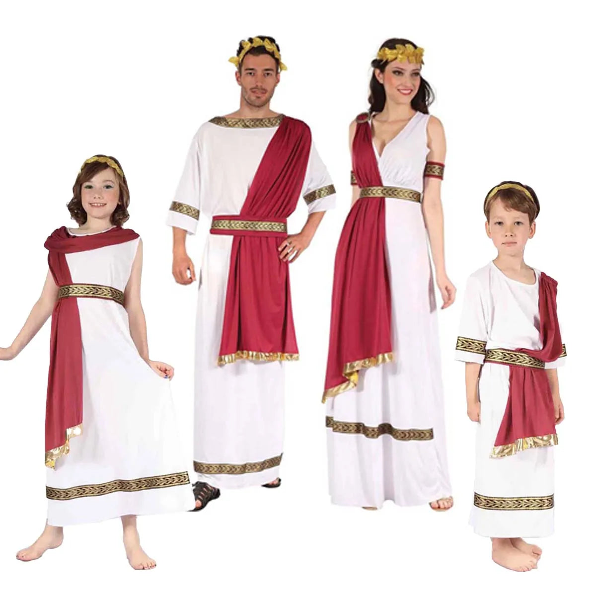 Couple's Greek Roman Toga Costumes Men Women White Robe with Red Sash Gold Trim Halloween Party Cosplay Outfit