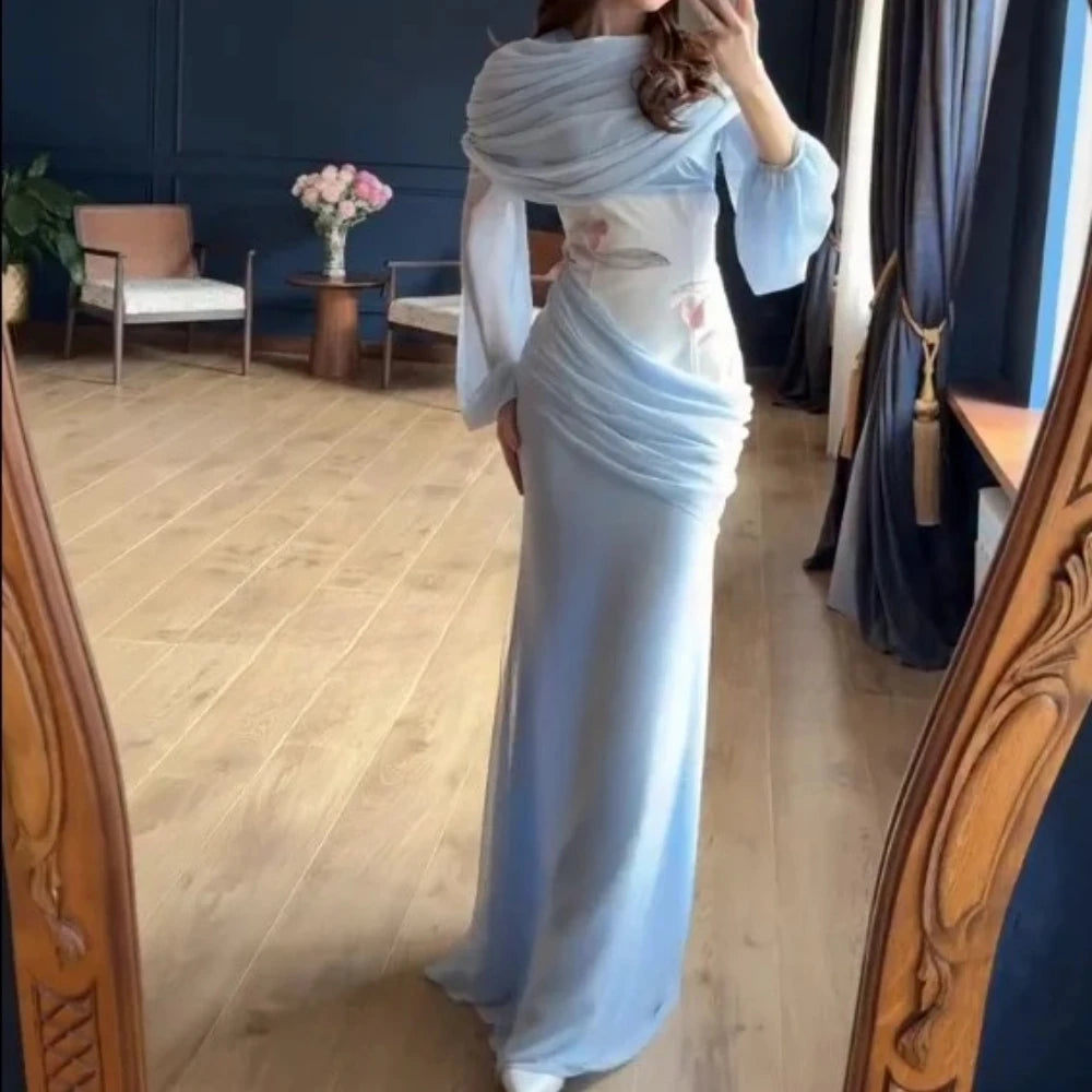Women Blue Fashion Evening Gown Customized High Neck Long Sleeves Floral Chiffon Mermaid Party Dress Floor Length Prom Dress