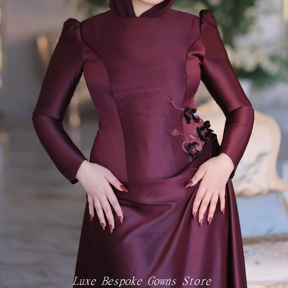 Women's Formal Evening Gowns A-line Floor-length O-neck Full Sleeve Prom Dresses Fashion Flowers Simple Draped Customized Gowns