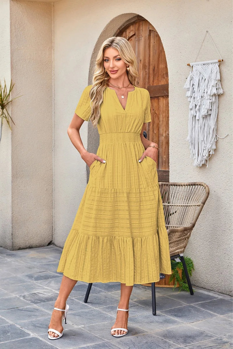 2026 New Dresses Women V Neck Ruched Puff Sleeve Dress Short Sleeve A-Line Flowy Dress Casual Summer Dropshipping