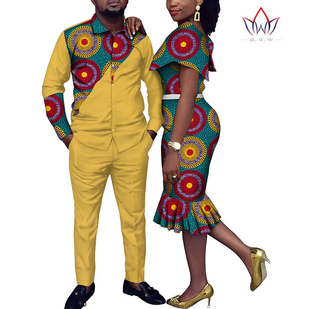 African Couple Clothes Suit and Dress 2 Pcs Couple Matching Outfits African Clothes Women and Men Wedding Party Dress WYQ1051