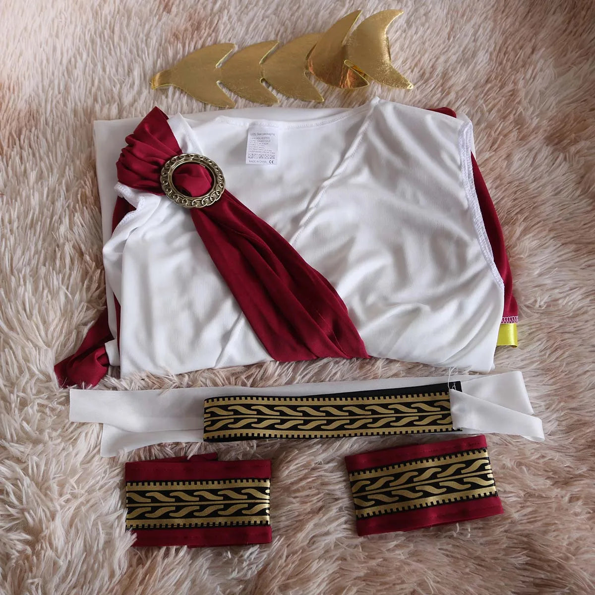 Couple's Greek Roman Toga Costumes Men Women White Robe with Red Sash Gold Trim Halloween Party Cosplay Outfit