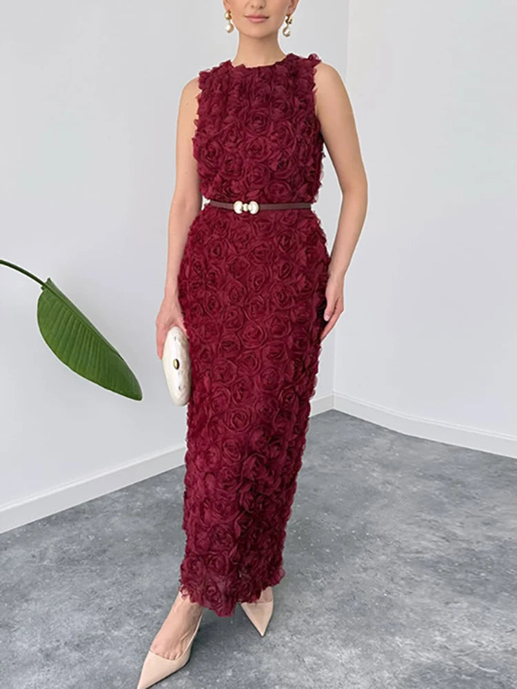 Fashion Hight Waist Solid Gowns Dress Flowers Decoration Ruffled Long Dress Women Elegant O-neck Sleeveless Slim Fit Party Dress