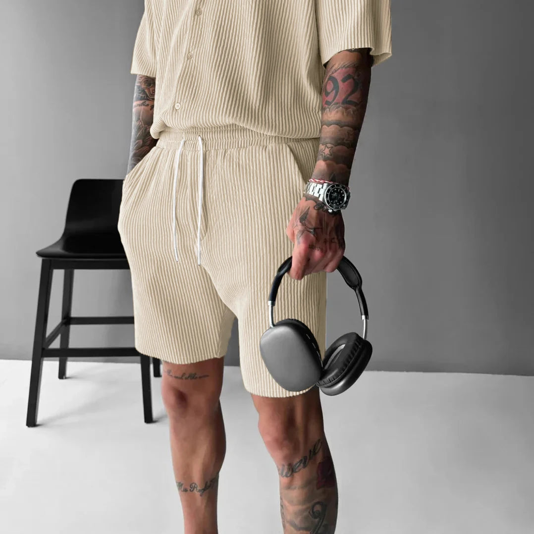 casual style corduroy suit men solid color short sleeved button up shirt loose fashion high-quality shorts handsome sports suit
