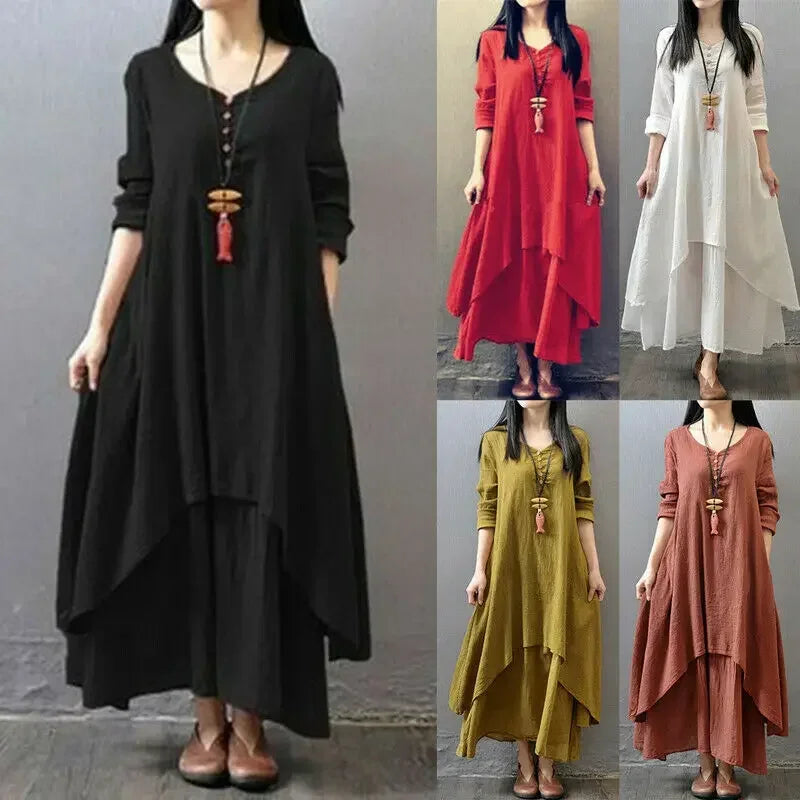 Women's Dress Long Dress Fashion Fake Two Pieces Loose Long Sleeve Art Big Swing Cotton Hemp Bohemian Cotton Vintage Women Dress