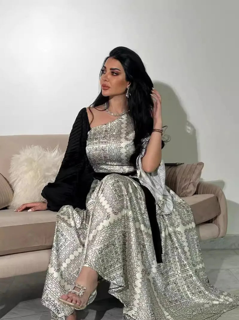 2026 New Women's Fashion Evening Dresses Sexy Printed Pleated Belt Splicing Party Gown Elegant and Noble Maxi Dresses for Women