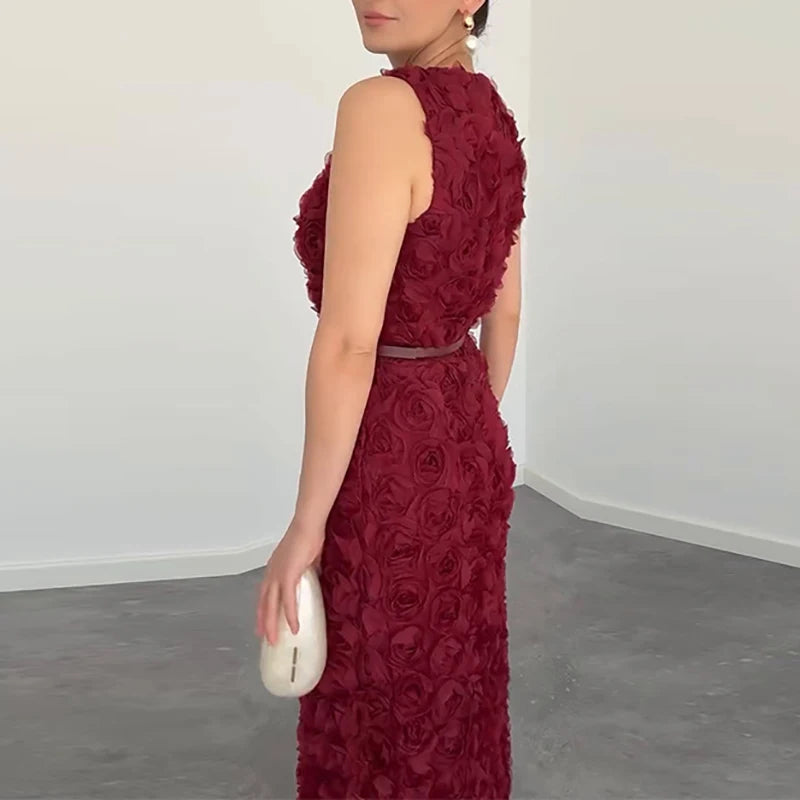 Fashion Hight Waist Solid Gowns Dress Flowers Decoration Ruffled Long Dress Women Elegant O-neck Sleeveless Slim Fit Party Dress
