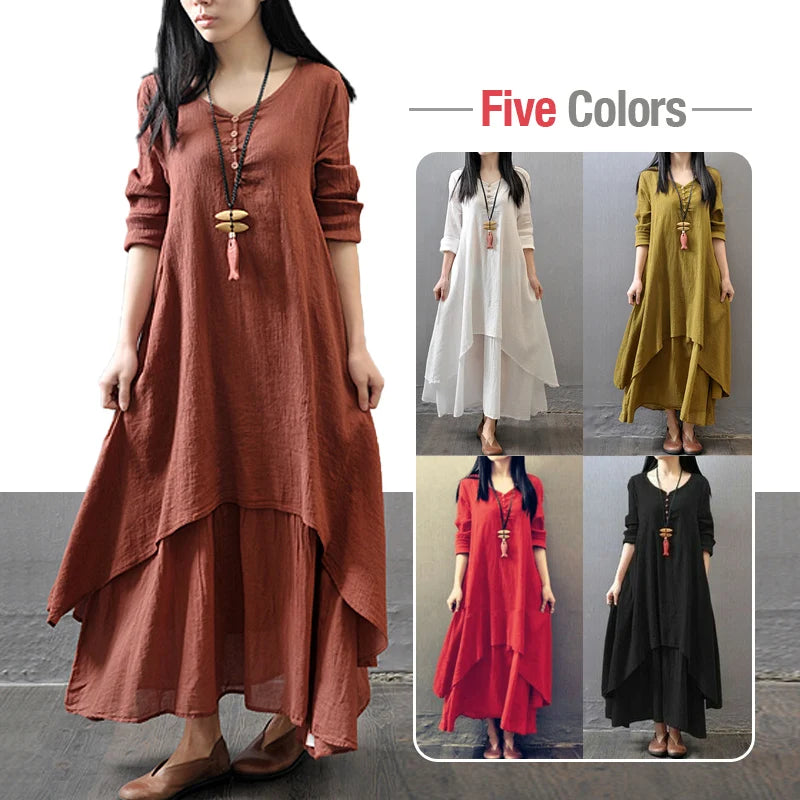 Women's Dress Long Dress Fashion Fake Two Pieces Loose Long Sleeve Art Big Swing Cotton Hemp Bohemian Cotton Vintage Women Dress