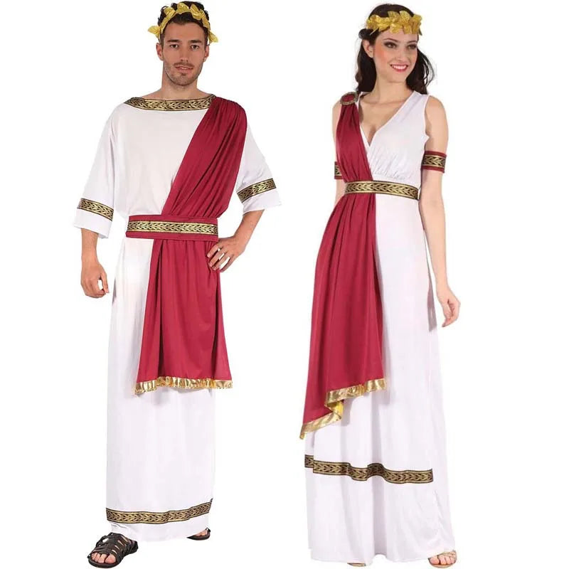 Couple's Greek Roman Toga Costumes Men Women White Robe with Red Sash Gold Trim Halloween Party Cosplay Outfit
