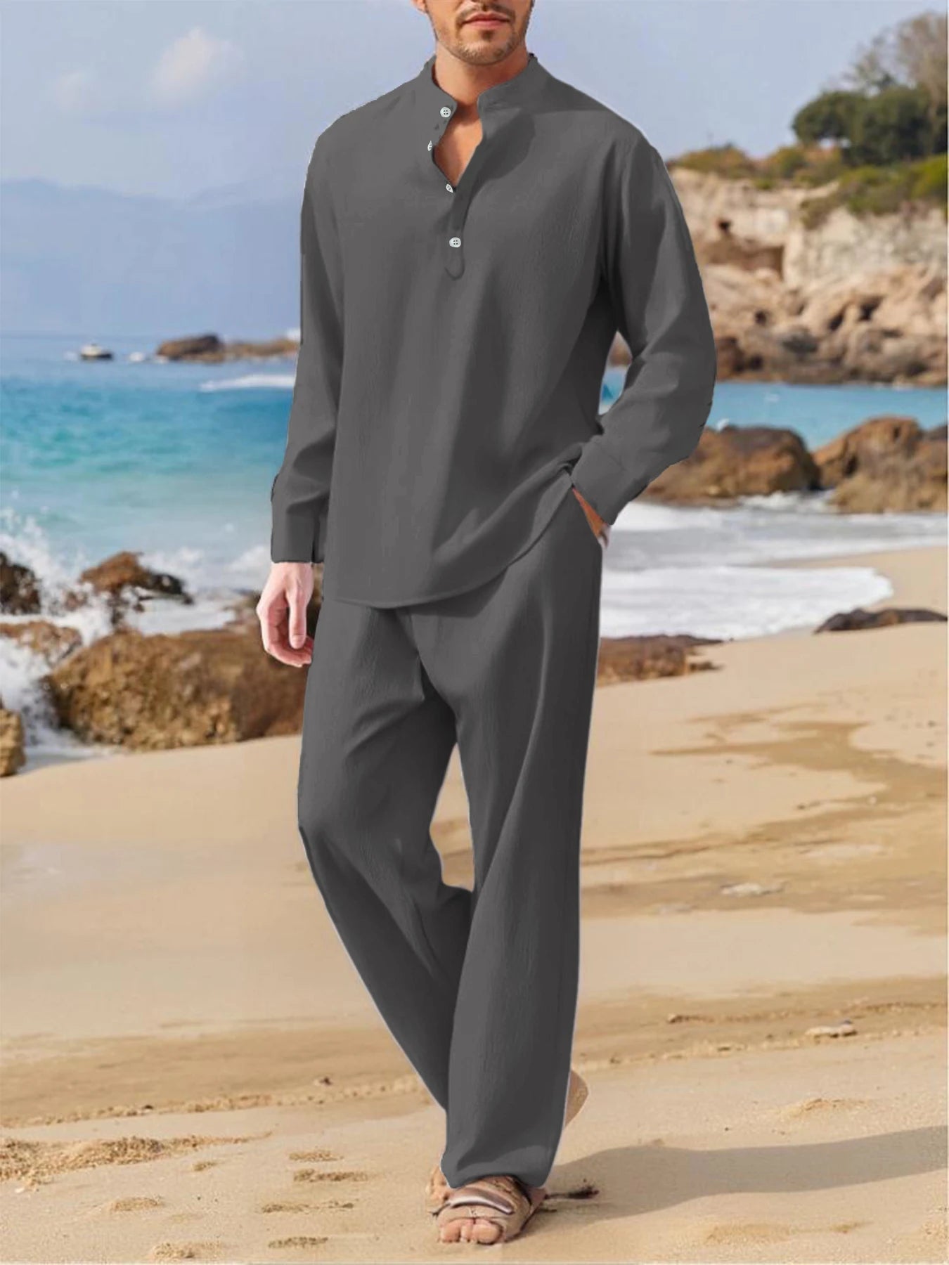 Men's Fall Casual Outfits Solid Color Henley Collar Long Sleeve Tops with Elastic Waist Pants Long Sleeve Pants Shirt Suit