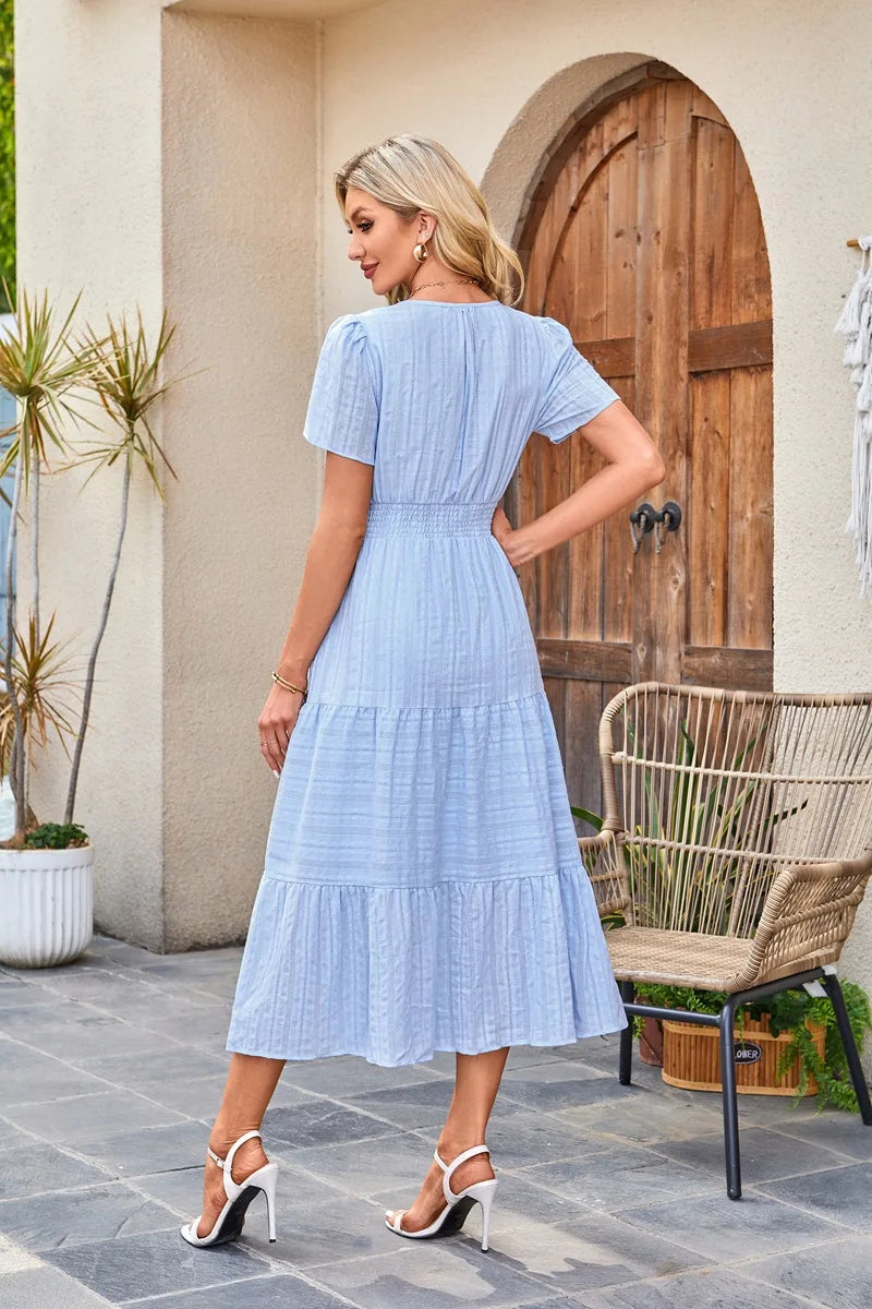 2026 New Dresses Women V Neck Ruched Puff Sleeve Dress Short Sleeve A-Line Flowy Dress Casual Summer Dropshipping