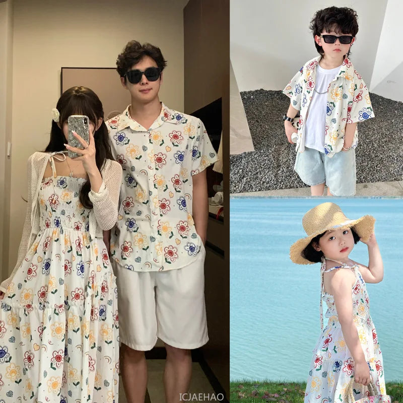 Parent-Child Family Holiday Outfits For Couple Brother Sister Dad Son Beach Shirts Mom Girl Floral Smocking Dress Korean Clothes