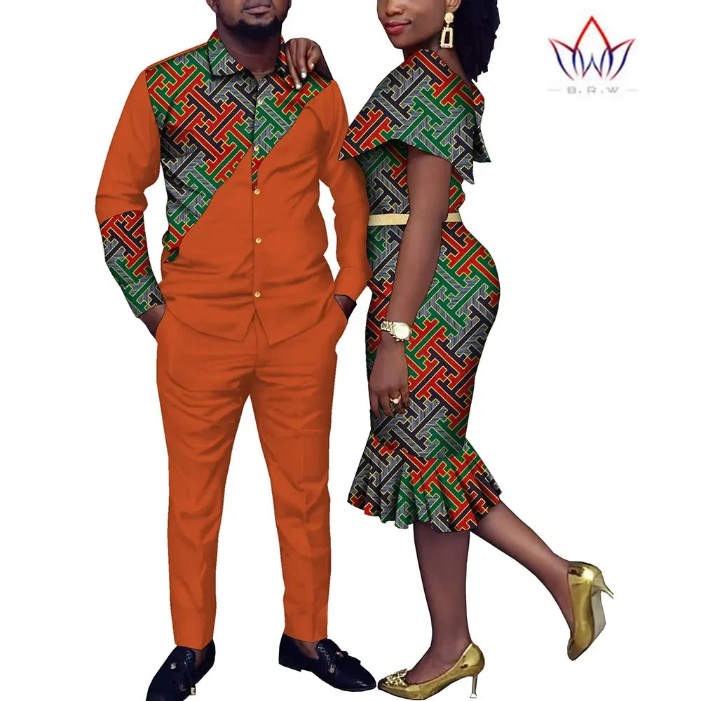 African Couple Clothes Suit and Dress 2 Pcs Couple Matching Outfits African Clothes Women and Men Wedding Party Dress WYQ1051