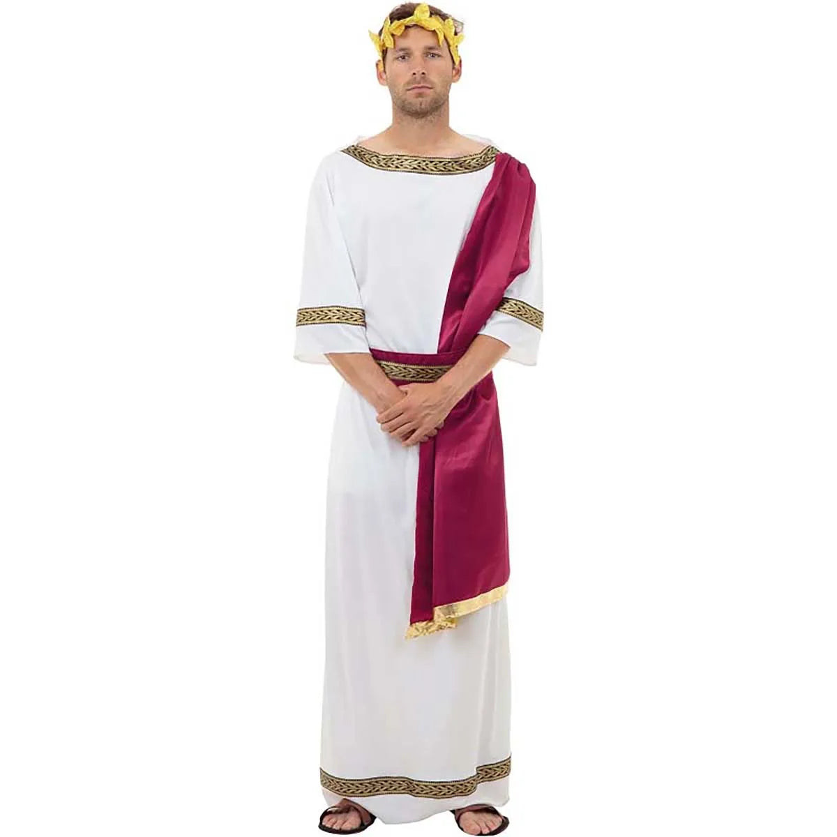 Couple's Greek Roman Toga Costumes Men Women White Robe with Red Sash Gold Trim Halloween Party Cosplay Outfit