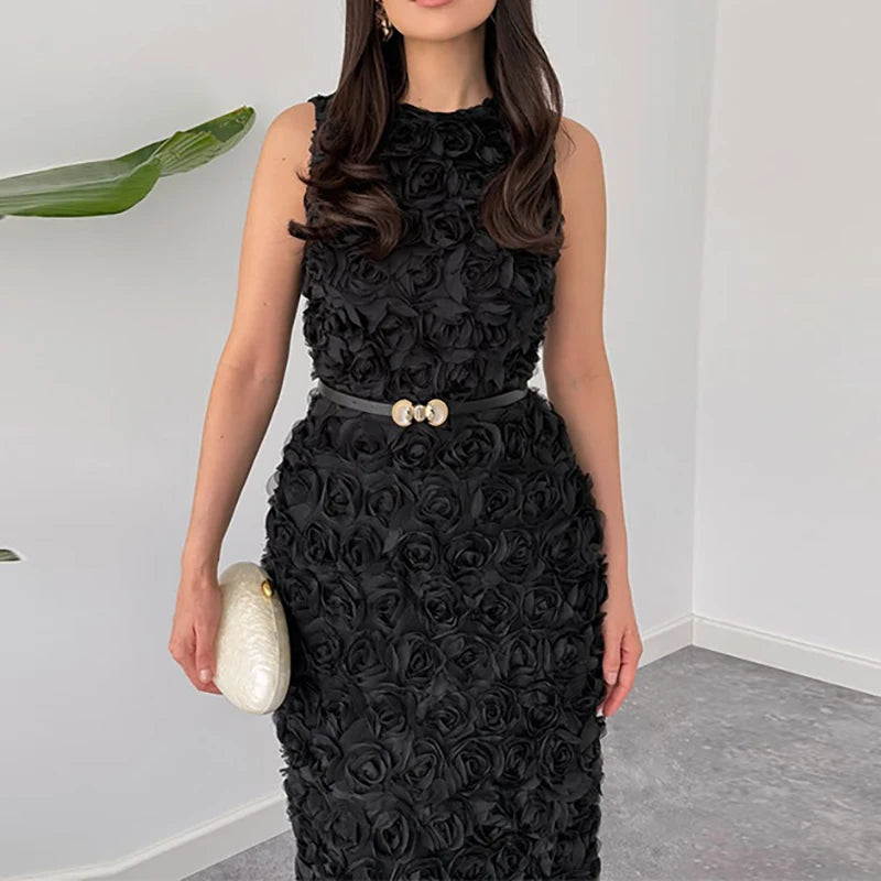 Fashion Hight Waist Solid Gowns Dress Flowers Decoration Ruffled Long Dress Women Elegant O-neck Sleeveless Slim Fit Party Dress