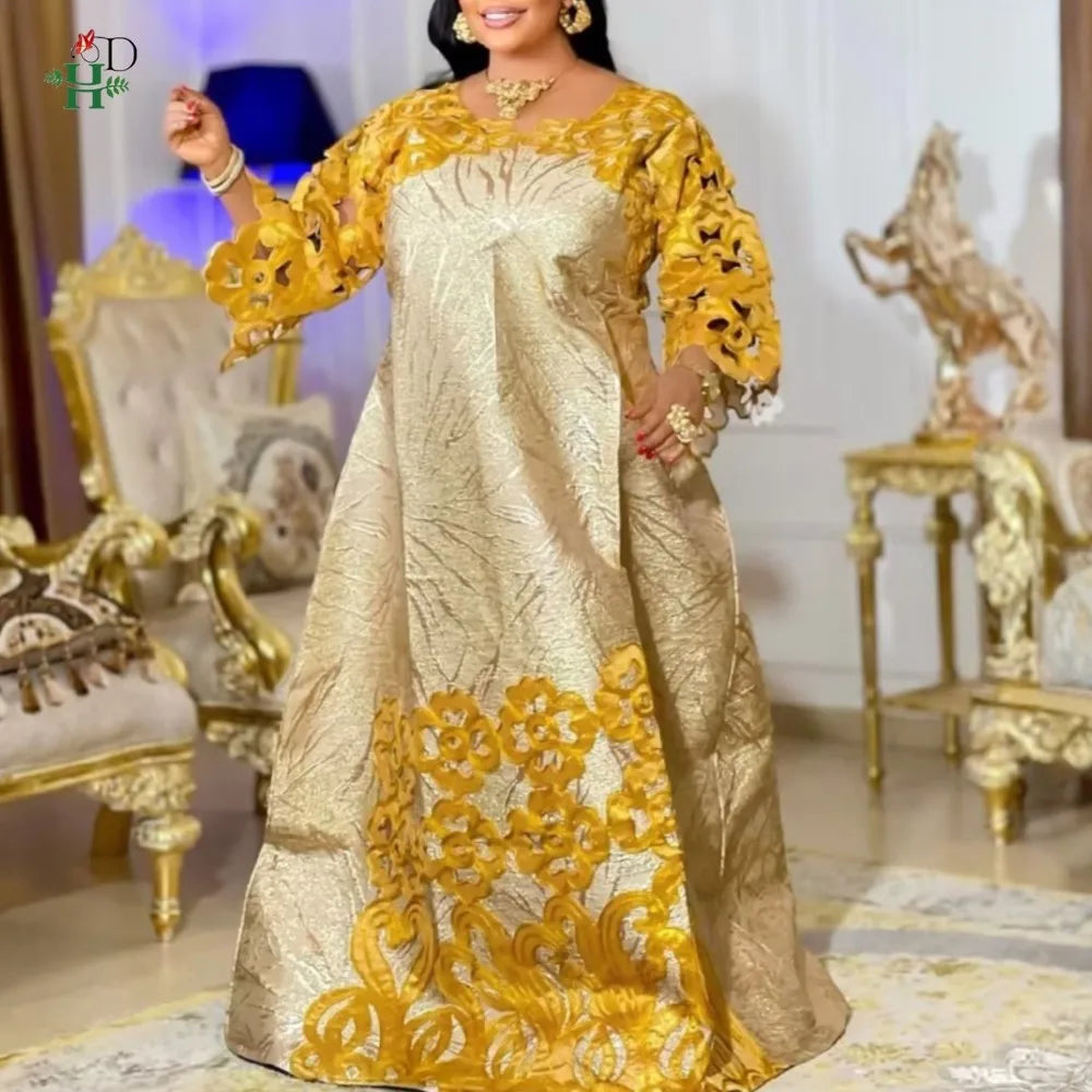 African Dresses For Couple Gold Matching Woman Man Traditional Bazin Riche Embroidery Outfit Turkey Dress Wedding Party Dress