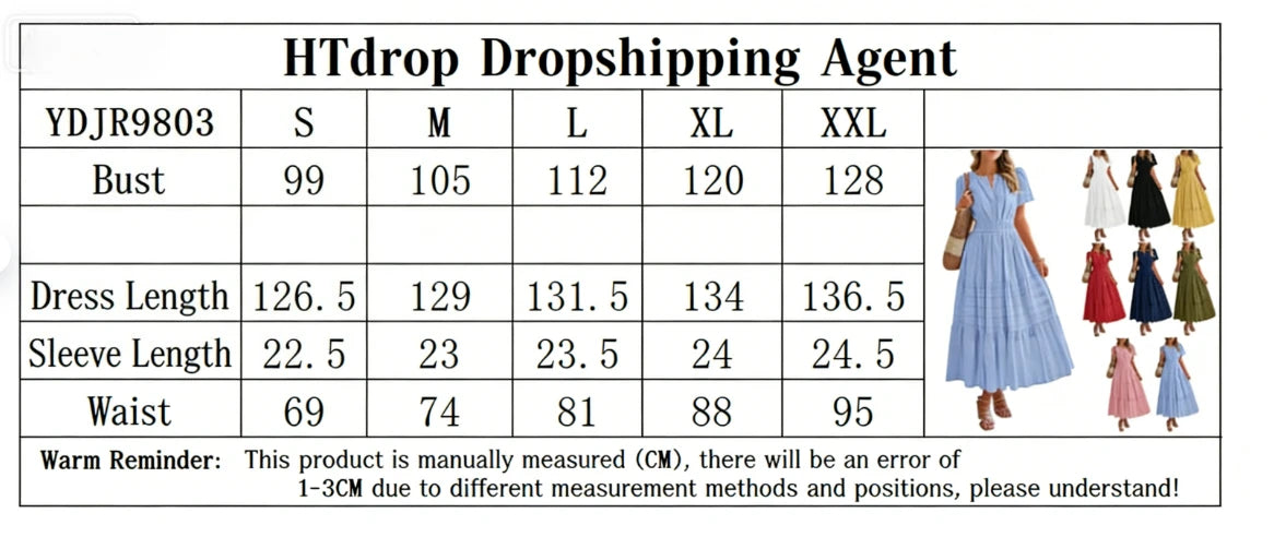 2026 New Dresses Women V Neck Ruched Puff Sleeve Dress Short Sleeve A-Line Flowy Dress Casual Summer Dropshipping