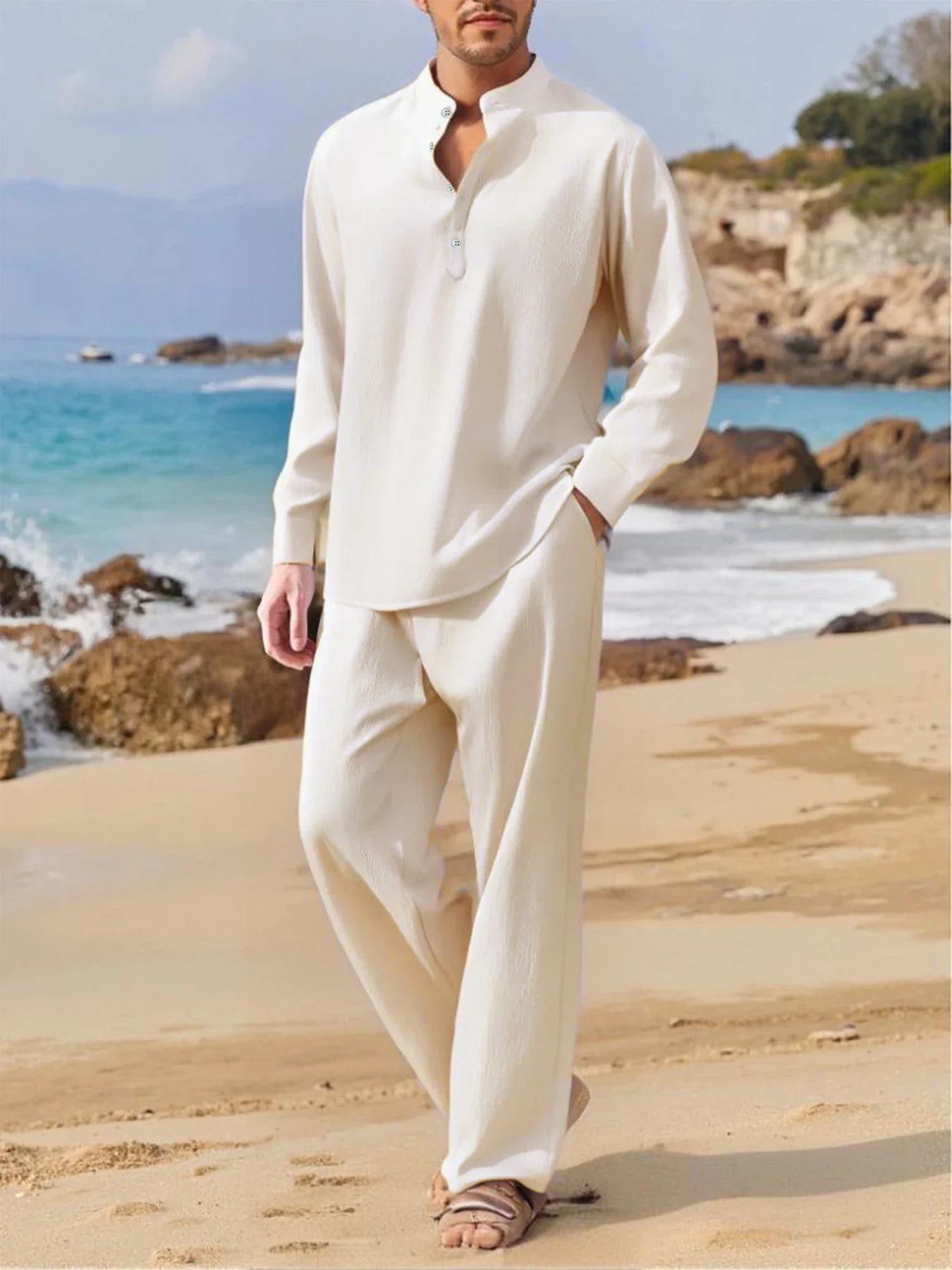 Men's Fall Casual Outfits Solid Color Henley Collar Long Sleeve Tops with Elastic Waist Pants Long Sleeve Pants Shirt Suit