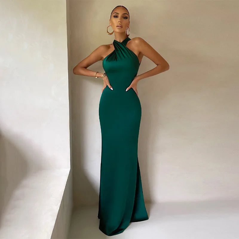 Women's Vestidos De Fiesta Elegantes Vestidos Elegant Halter Neck Twist Front Maxi Dress Slim Fit Evening Party Gown