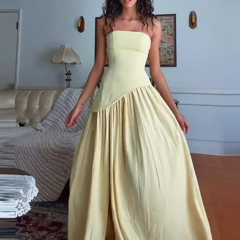 Women's Fashion Draped Solid Gown Dress Sexy Strapless Hight Waist Evening Dress Summer Elegant Sleeveless Backless Long Dress