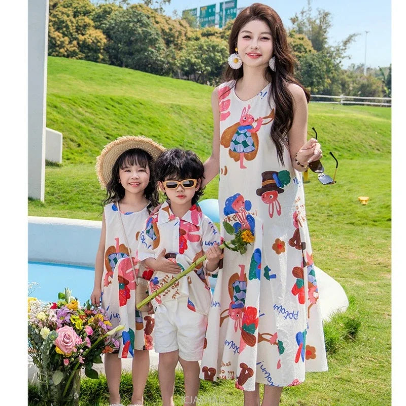 Couple Look Family Matching Outfits Parent-child Clothes Mother Daughter Sleeveless Dress Father Vacation Area Son Beach Shirts