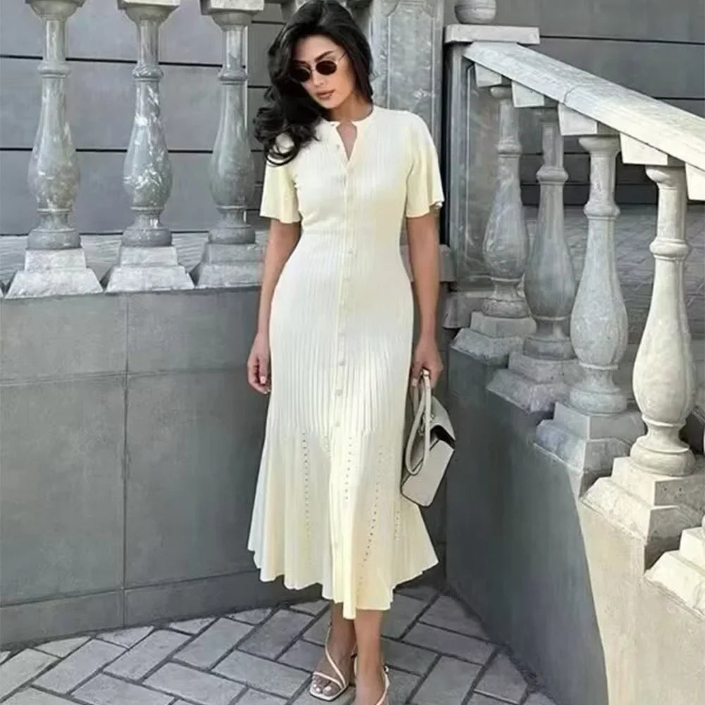 Women Elegant Knitted Long Dress Casual O Neck Solid Short Sleeved Button High Waist Split Dresses New Female Fashion Gown