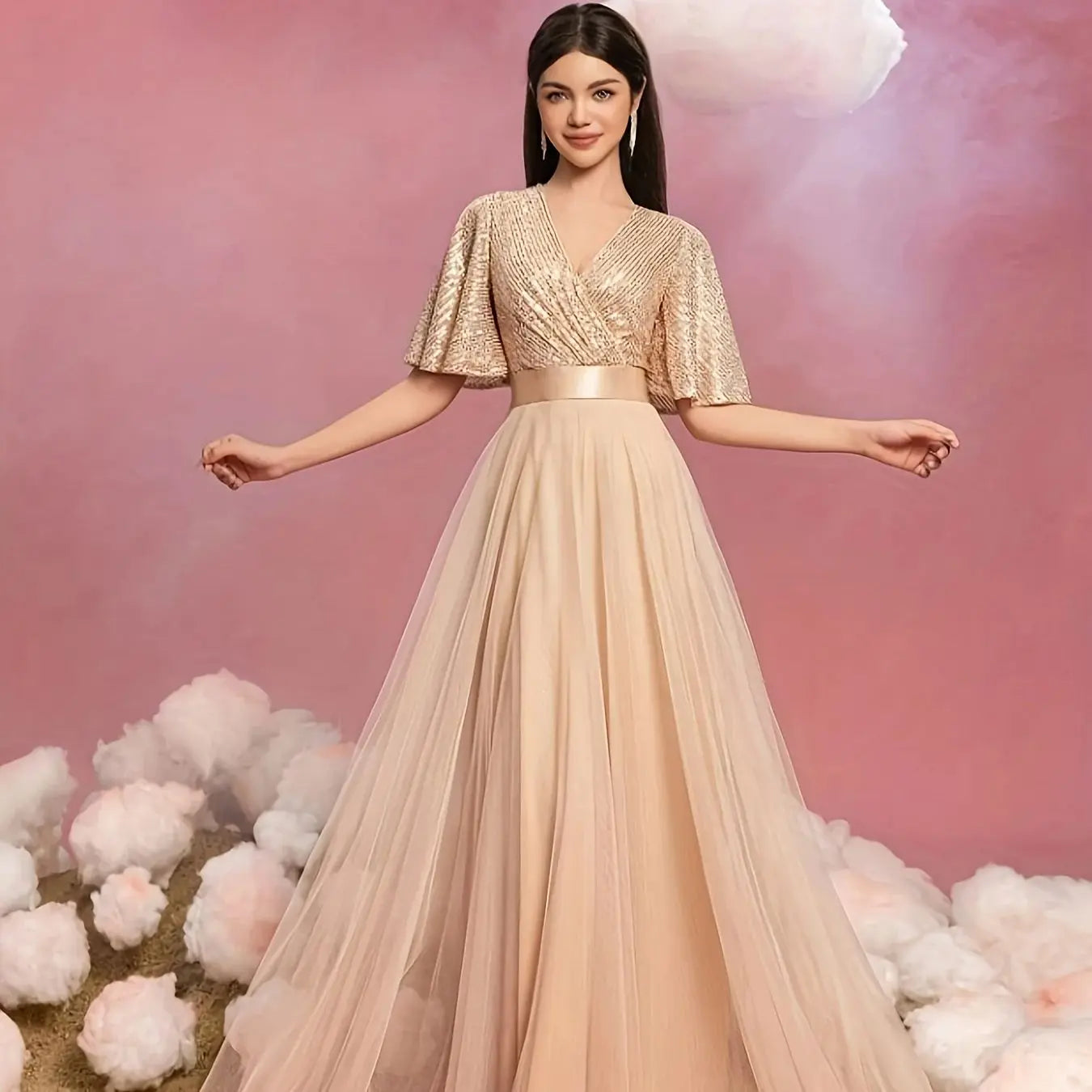 Elegant Women's Evening Gown with Flared Short Sleeves - Ideal for Parties & Wedding Events