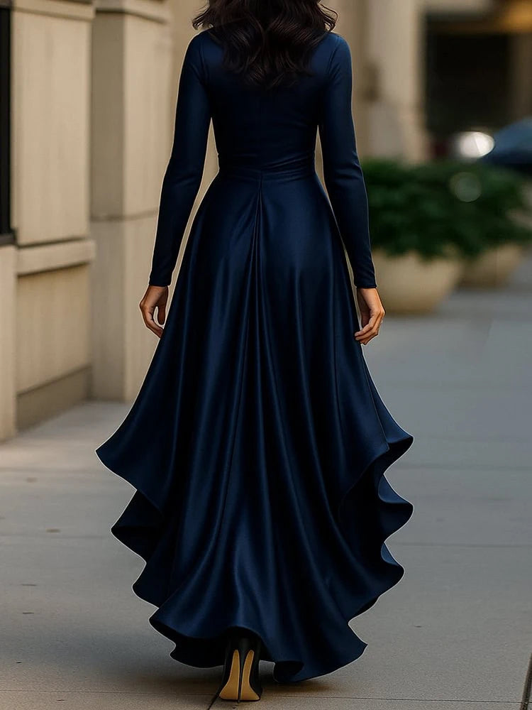 Elegant Hight Waist Lace-Up Gowns Party Dress Women Fashion Draped Solid Long Dresses Sexy Deep V-neck Sleeveless Ruffled Dress