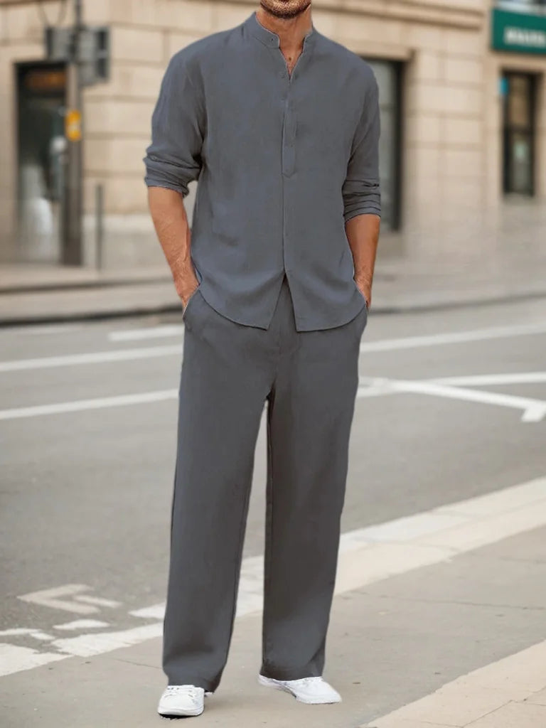 Men's Fall Casual Outfits Solid Color Henley Collar Long Sleeve Tops with Elastic Waist Pants Long Sleeve Pants Shirt Suit