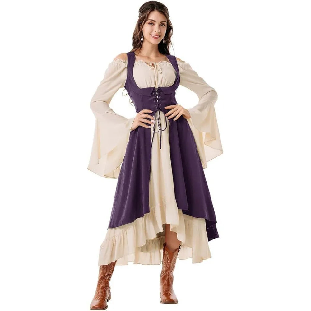 Women's Renaissance Dress with Underbust Corset - High Low Hem Medieval Gown for Cosplay, Festival and Themed Party