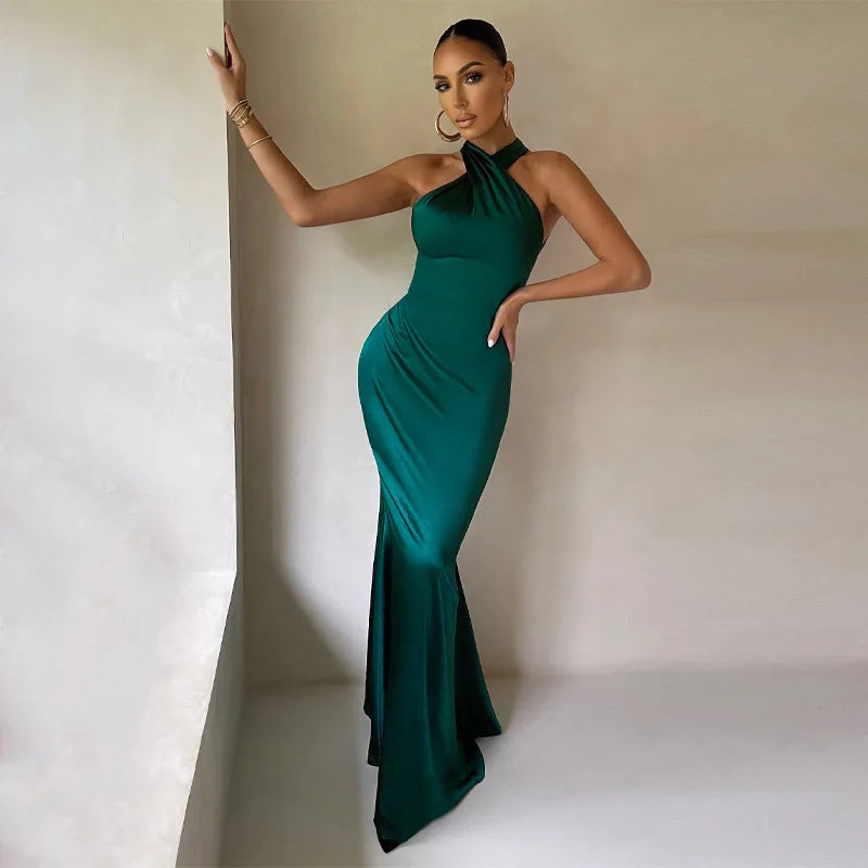 Women's Vestidos De Fiesta Elegantes Vestidos Elegant Halter Neck Twist Front Maxi Dress Slim Fit Evening Party Gown