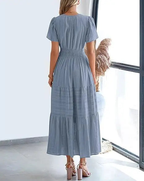 2026 New Dresses Women V Neck Ruched Puff Sleeve Dress Short Sleeve A-Line Flowy Dress Casual Summer Dropshipping