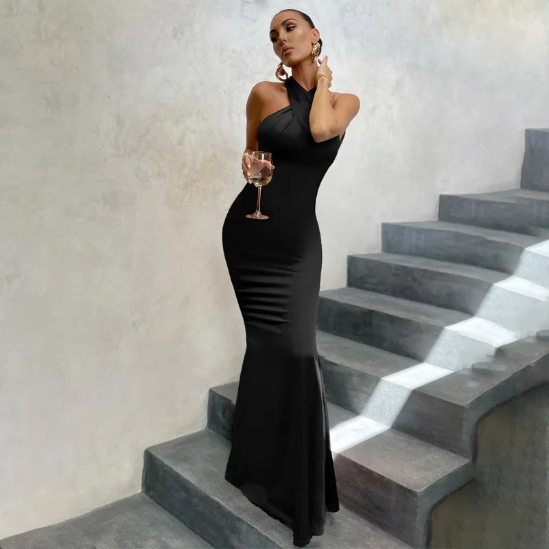 Women's Vestidos De Fiesta Elegantes Vestidos Elegant Halter Neck Twist Front Maxi Dress Slim Fit Evening Party Gown