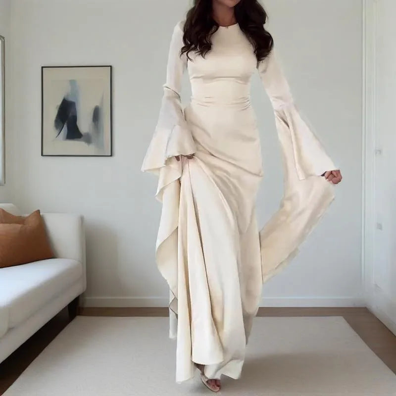 Evening Gown Dress Women's Sexy Slim Fit Solid Color Round Neck Flared Sleeves Elegant Style Summer New Item