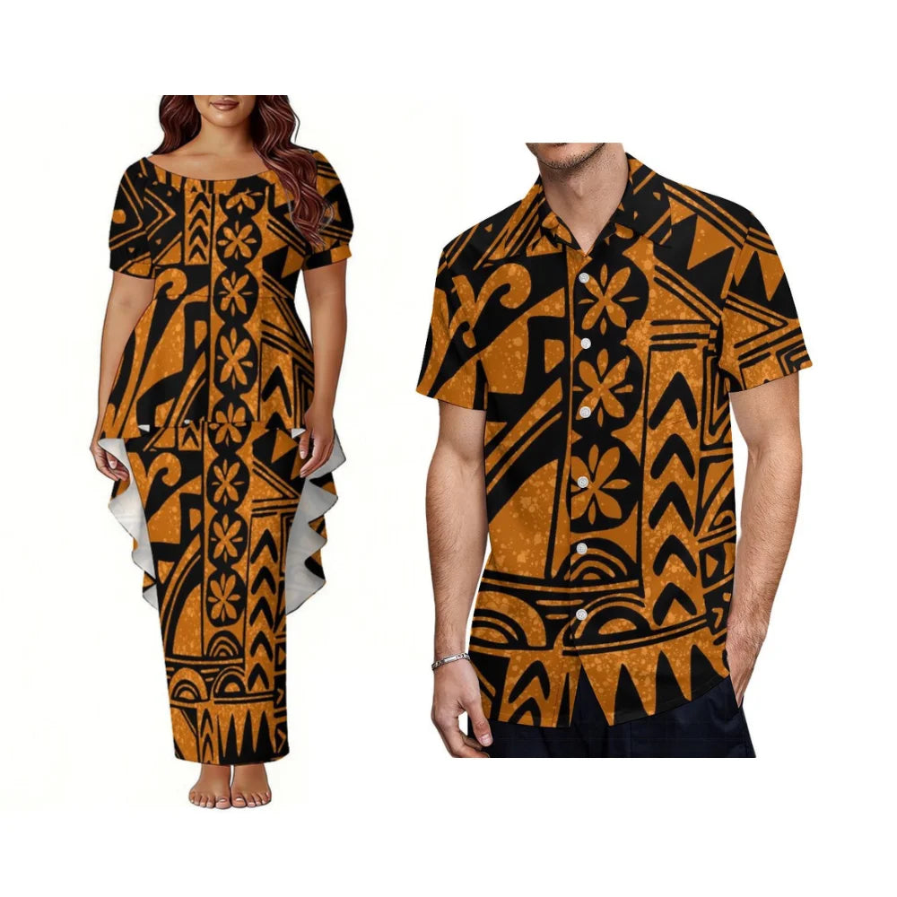 Polynesian Dinner Party Couple Outfits - Bubble Sleeve And Tailoring Style Puletasi Ladies' Dress - Casual Style Men'S Shirt