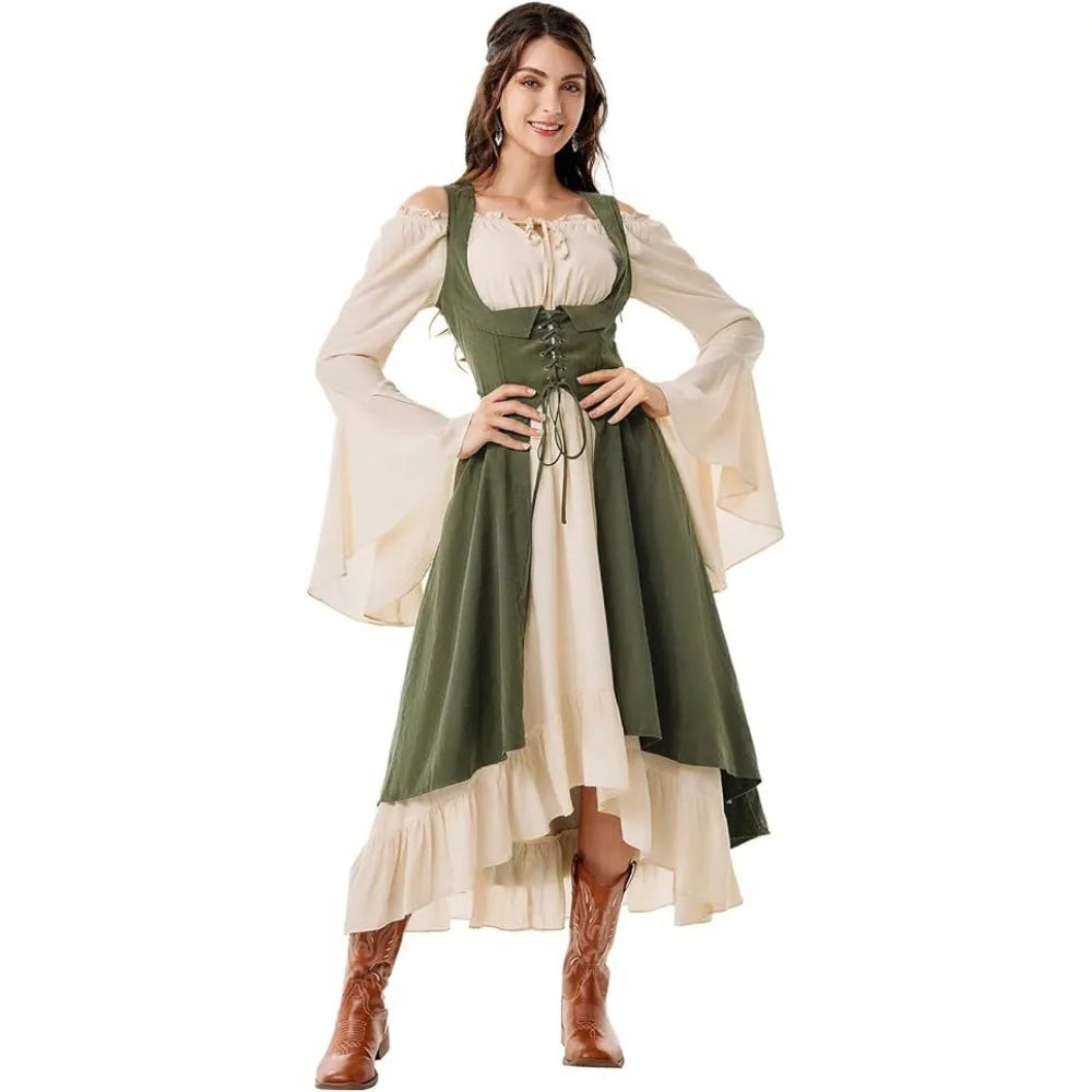 Women's Renaissance Dress with Underbust Corset - High Low Hem Medieval Gown for Cosplay, Festival and Themed Party