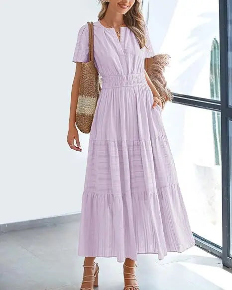 2026 New Dresses Women V Neck Ruched Puff Sleeve Dress Short Sleeve A-Line Flowy Dress Casual Summer Dropshipping